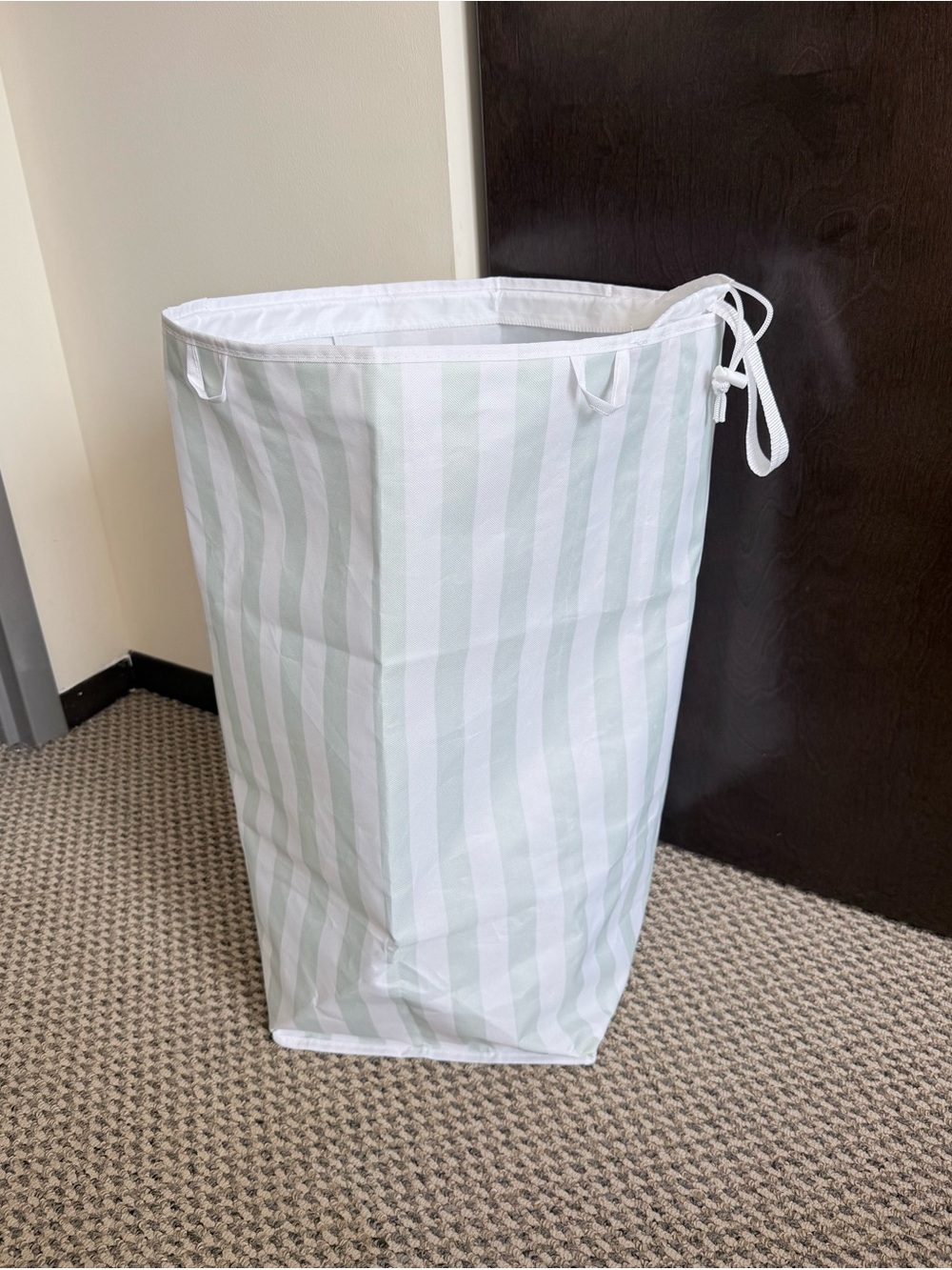 New Mint & White Striped Collapsible Laundry Hamper Bag w/ Drawstring & Handle